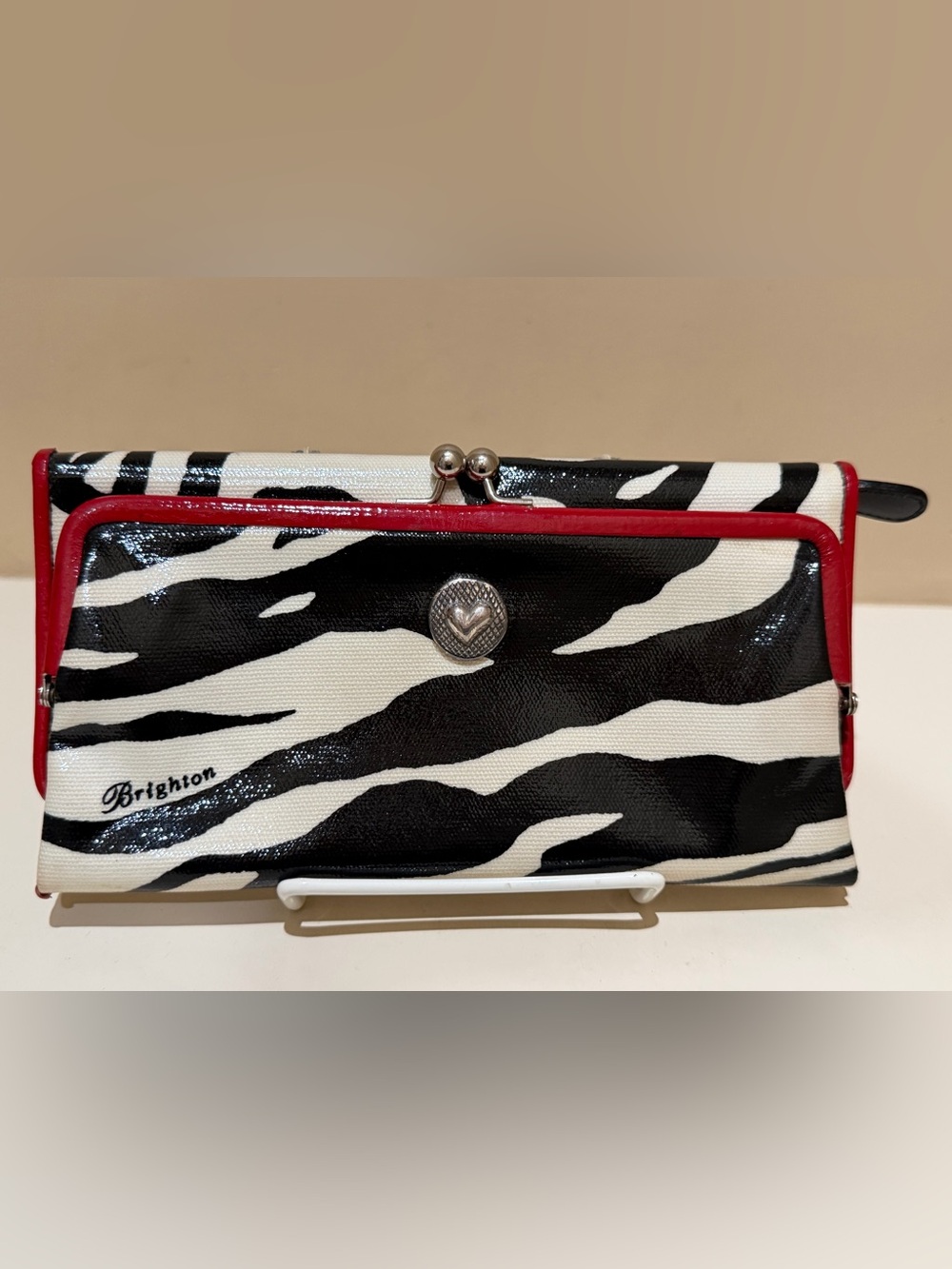 Brighton Zebra-Print Black & White Clutch with Red Trim